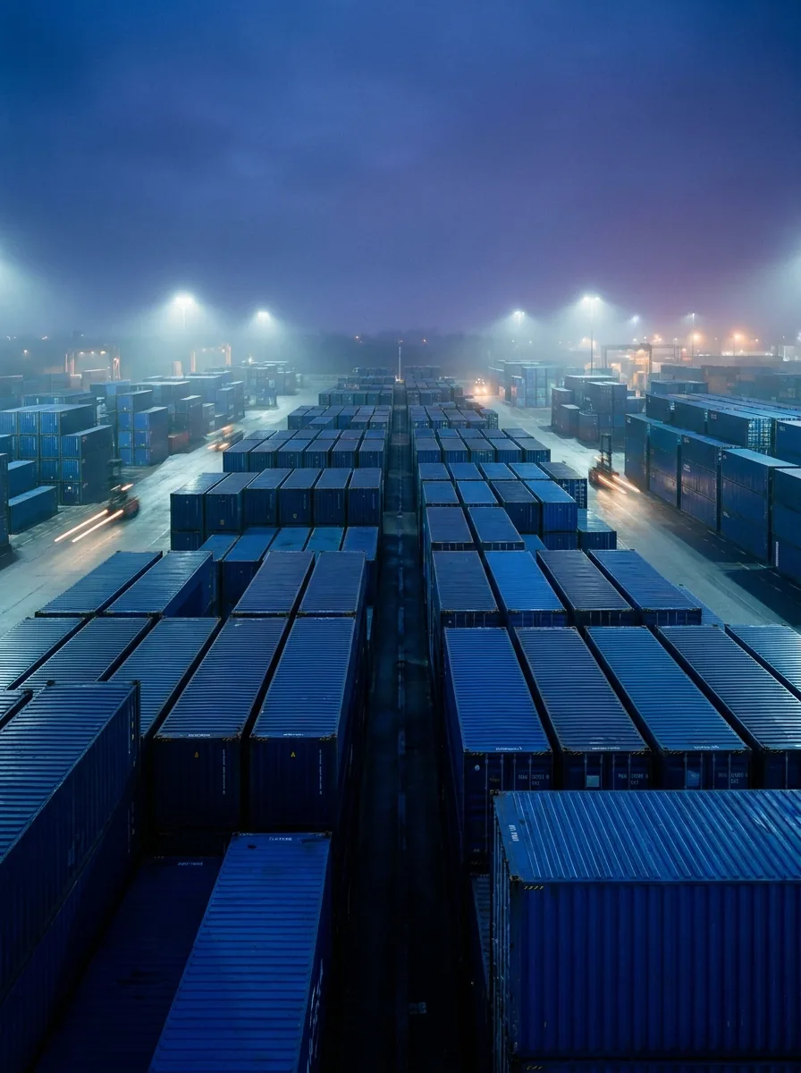 Shipping containers stacked in a freight yard at dusk